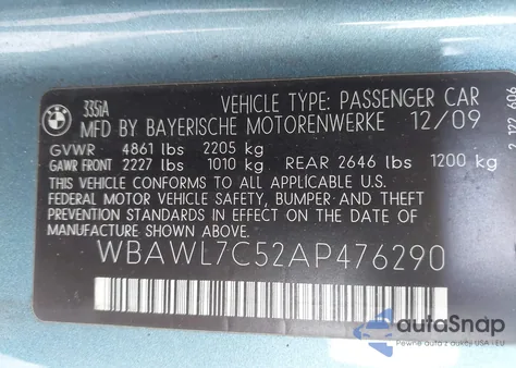 2010 BMW 335I from USA, damaged, VIN WBAWL7C52AP476290